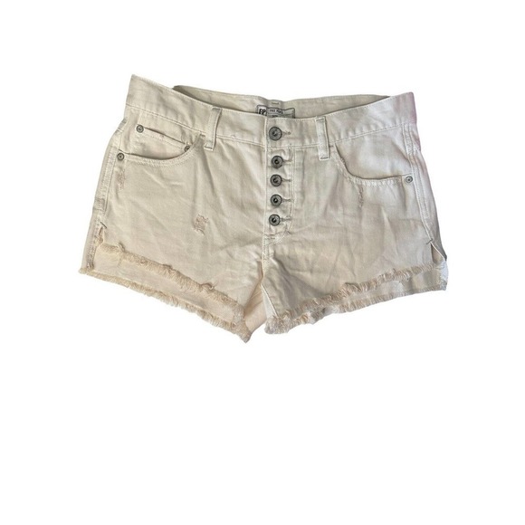 Free People Women’s 26 Distressed Button Fly Cut Off Jean Shorts Cream - Picture 1 of 9